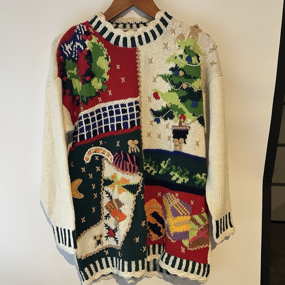 Vtg 90s Jennifer & Co Knit Embroidered Cottagecore Holiday Sweater Oversized S